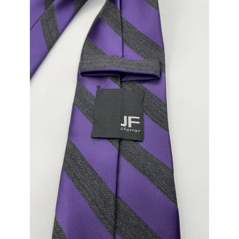 J. Ferrar Mens Purple Charcoal Grey Striped Silk Blend Necktie RN 121148 Classic